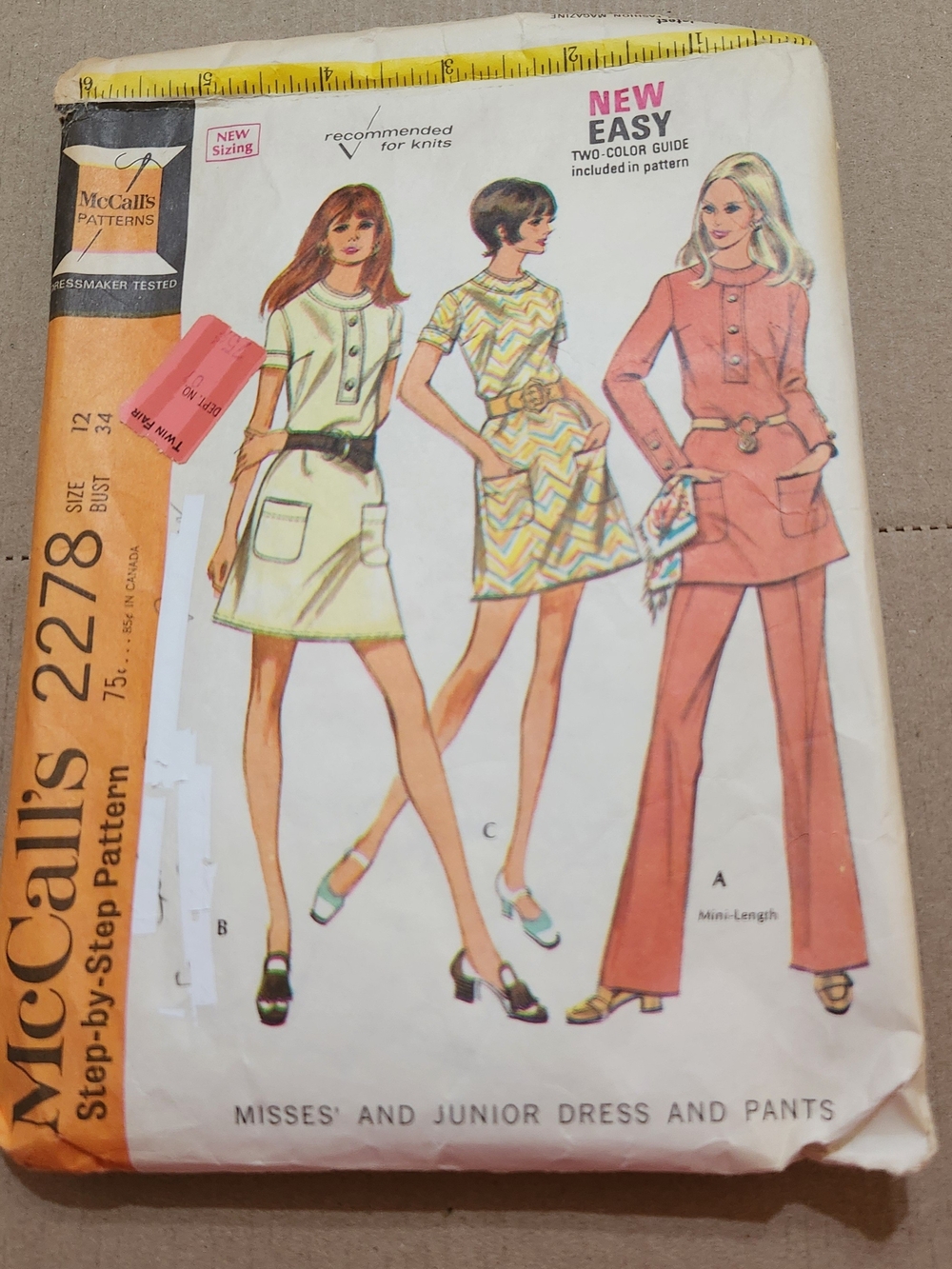 Vintage McCalls 2278 Mini Dresses with Pants in Cream, Yellow and Coral
